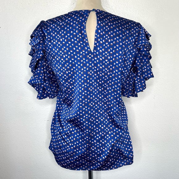 KATE SPADE Geo Dot Satin Blouse Blue Ruffle Puff Sleeve Top Size Small - Picture 7 of 13